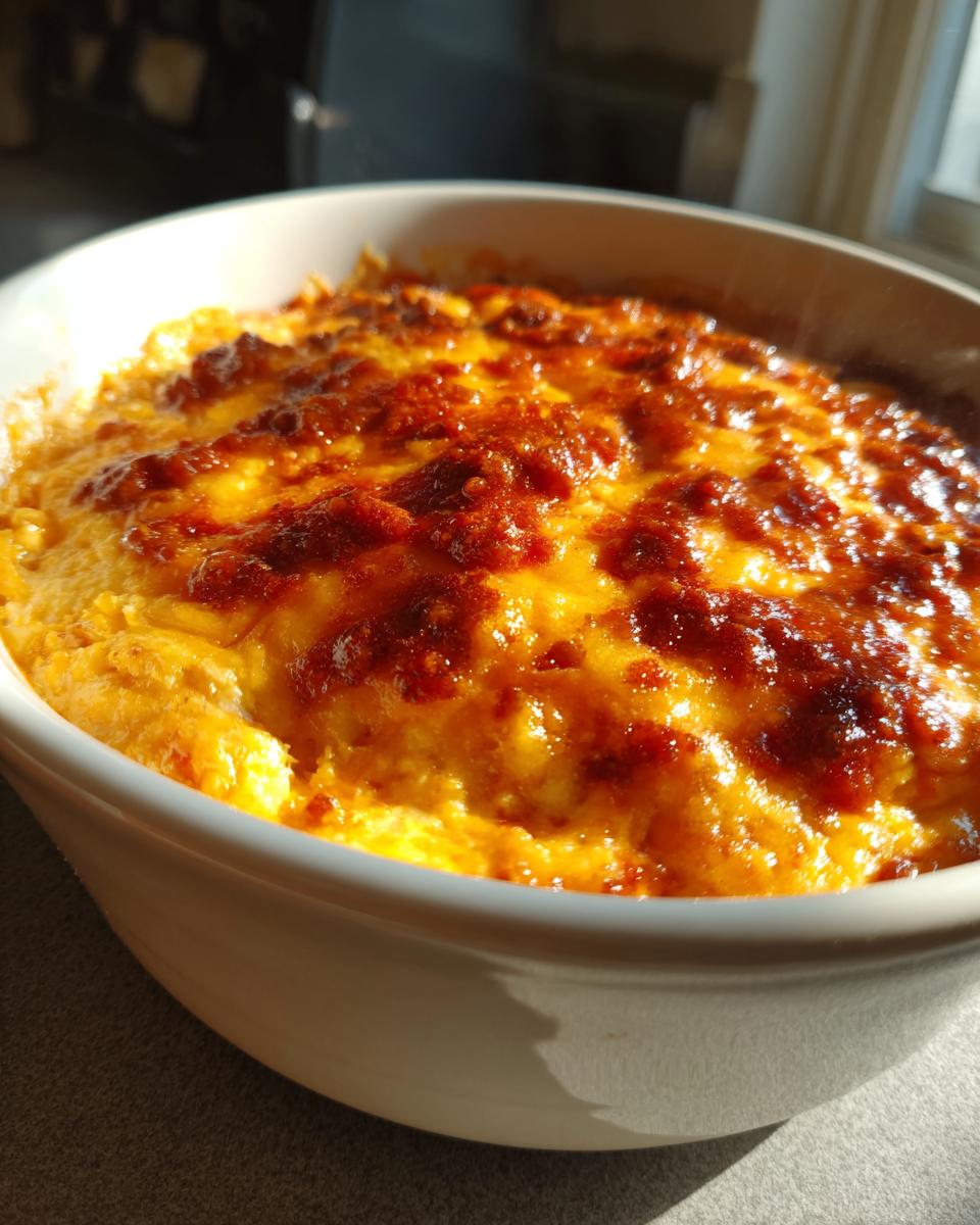 Close-up of bubbling, baked chili cheese dip with a browned, cheesy top in a white serving bowl.