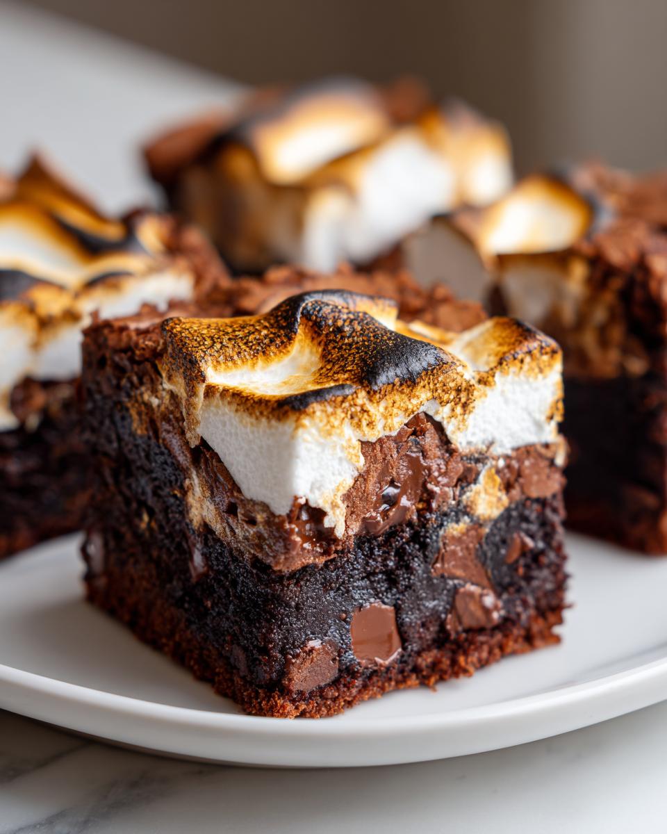 A rich, fudgy square of hot chocolate brownies topped with a thick layer of toasted marshmallow.