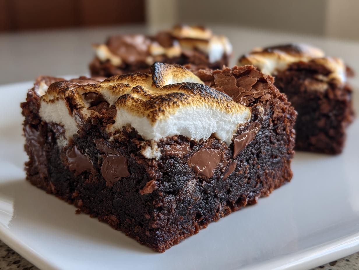 A rich, fudgy slice of hot chocolate brownies topped with perfectly toasted marshmallows.