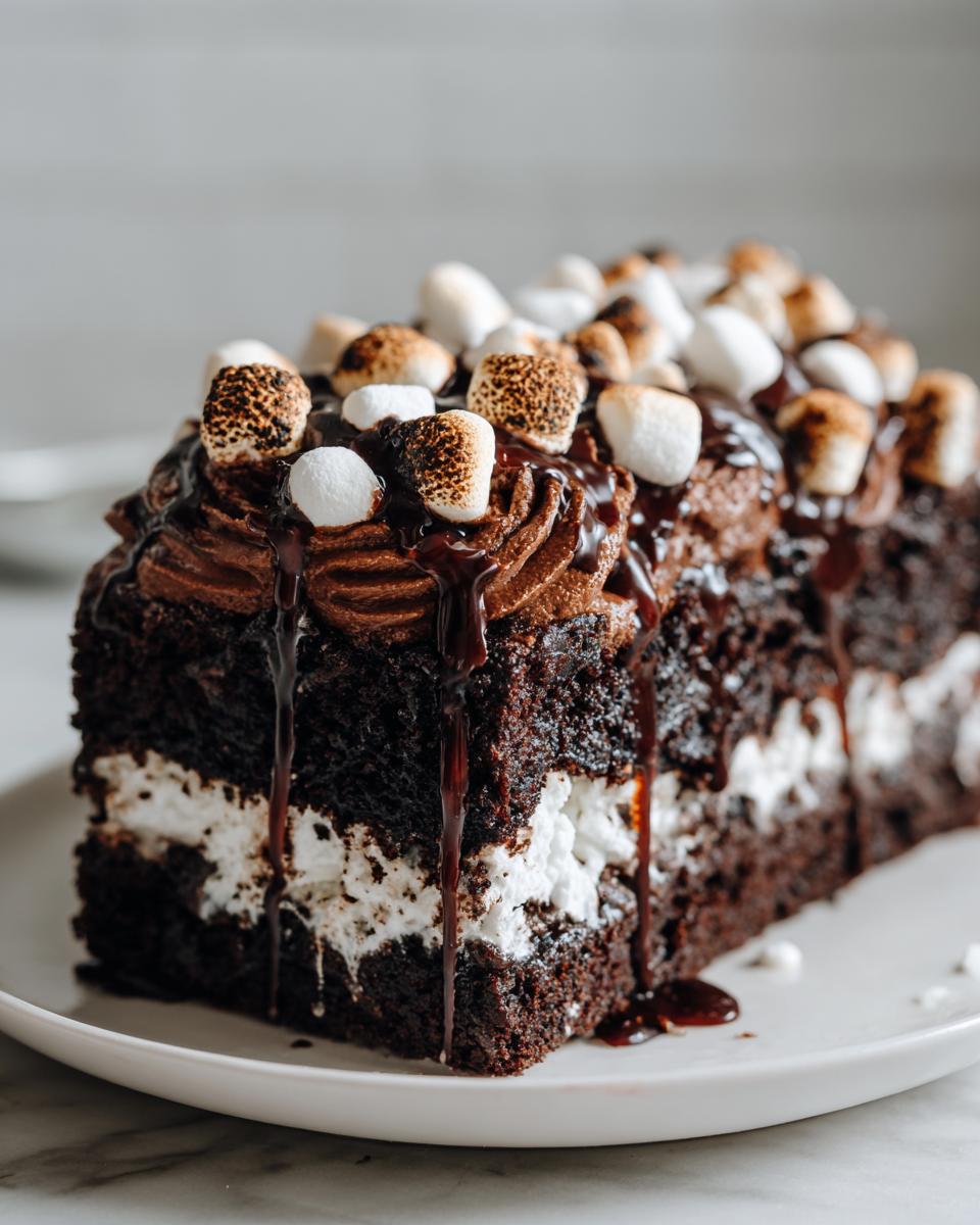 A rich slice of hot chocolate poke cake showing dark chocolate cake layers, white filling, chocolate frosting, and toasted marshmallows.