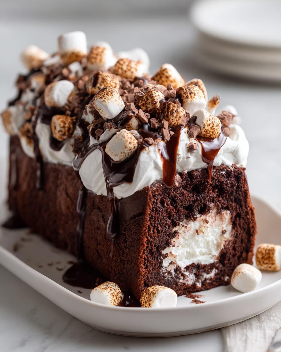 A cross-section view of a rich chocolate hot chocolate poke cake filled with white cream and topped with whipped cream, toasted marshmallows, and chocolate drizzle.