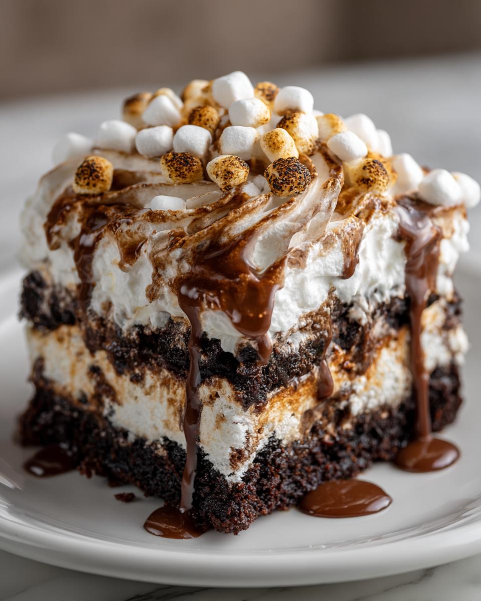 Close-up of a rich slice of hot chocolate poke cake layered with cream and topped with toasted mini marshmallows and chocolate drizzle.