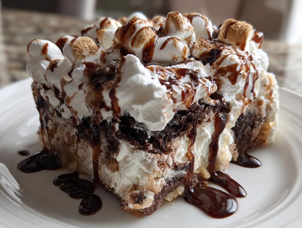 A rich slice of hot chocolate poke cake topped with whipped cream, toasted marshmallows, and chocolate syrup.