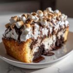 A decadent slice of hot chocolate poke cake topped with whipped cream, chocolate drizzle, and toasted marshmallows.