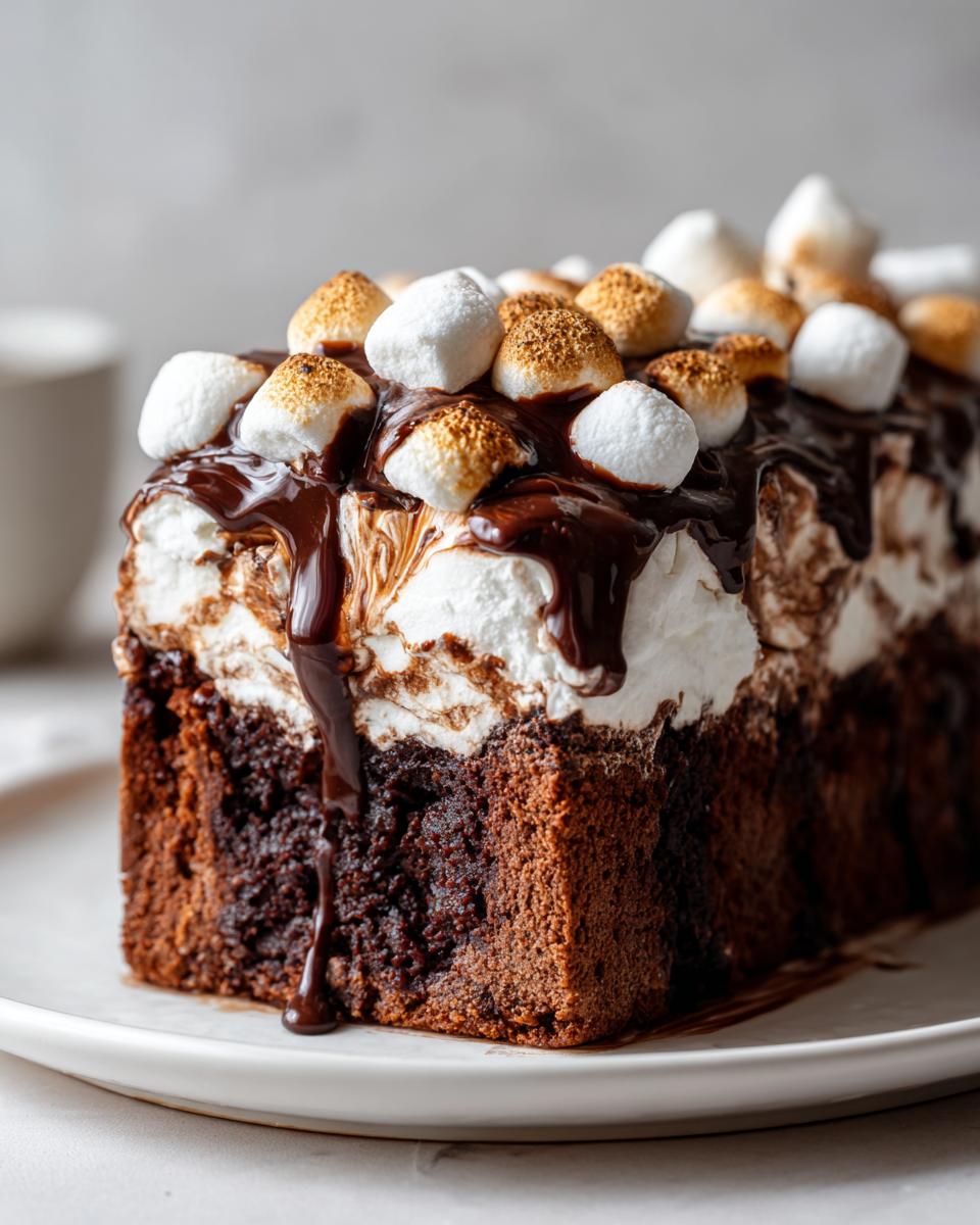 A slice of rich hot chocolate poke cake topped with whipped cream, chocolate syrup, and toasted marshmallows.