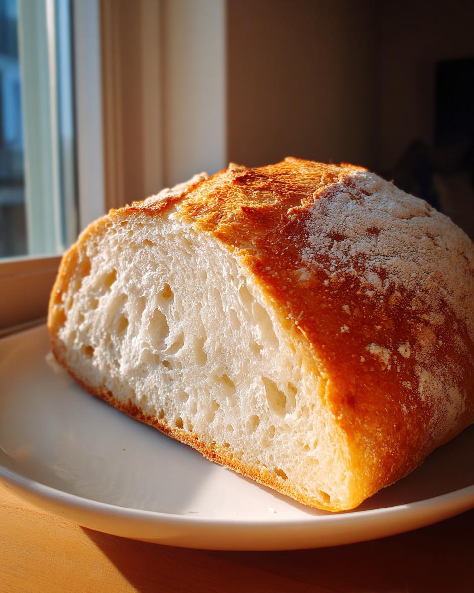 A close-up of a freshly baked Italian bread loaf, showing the airy interior crumb and golden crust.