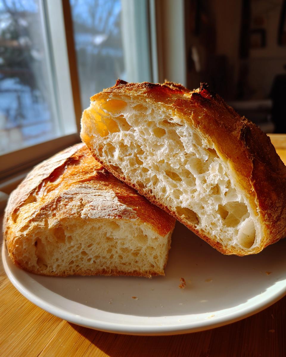 Cross-section view showing the airy, open crumb structure of freshly baked Italian bread.
