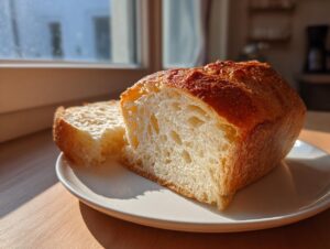 Close-up of a freshly baked loaf of Italian bread, showing the airy, open crumb structure and golden crust.