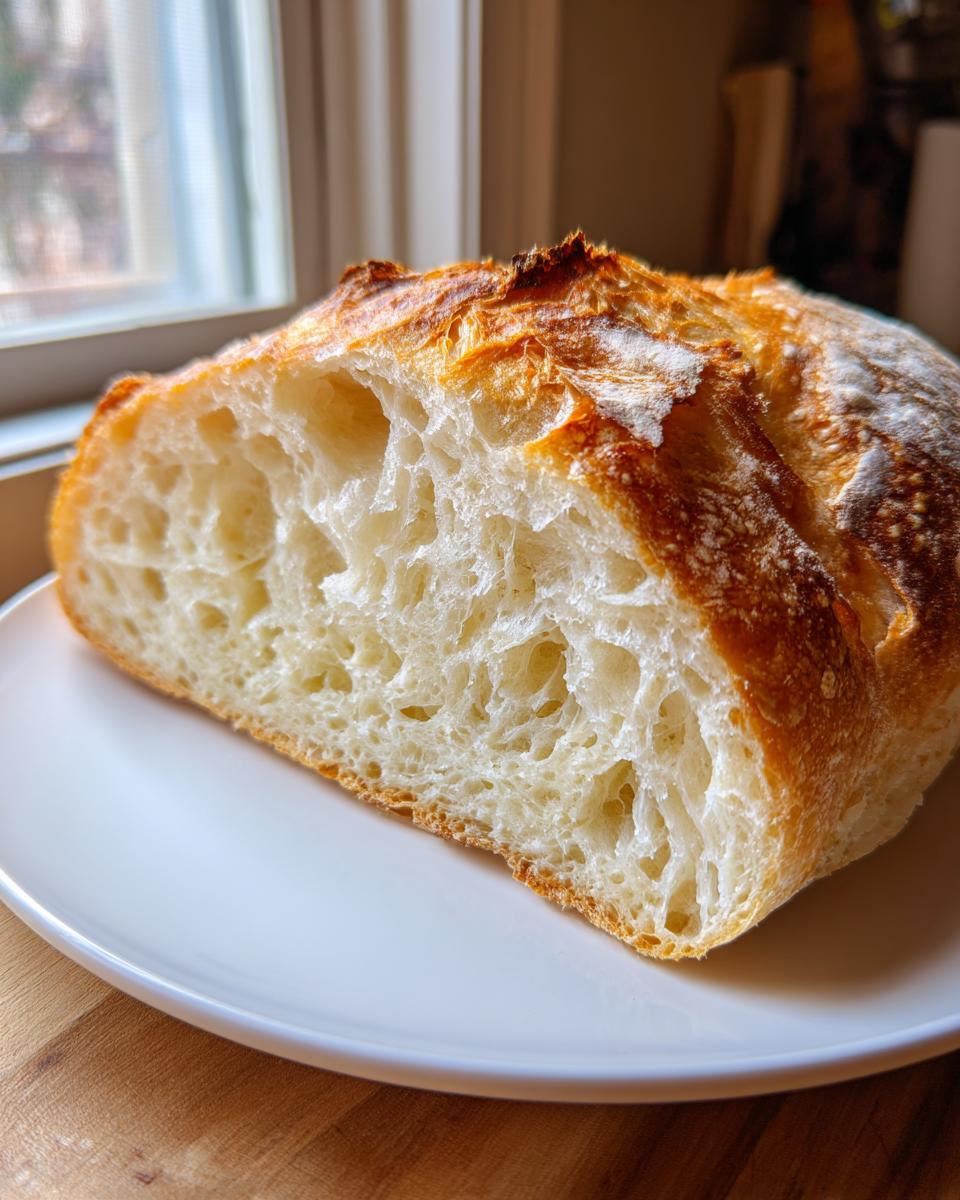 Close-up of a freshly baked Italian bread slice showing an open, airy crumb texture and golden crust.