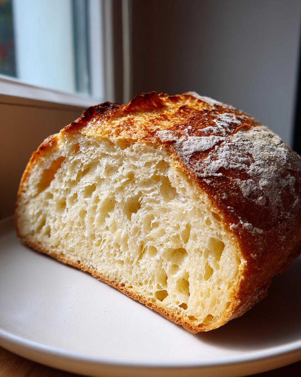 Close-up cross-section showing the airy, open crumb structure of homemade Italian bread.