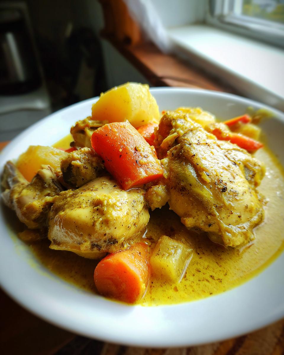 A close-up of a white bowl filled with rich, yellow Jamaican curry chicken pieces, potatoes, and bright orange carrots.