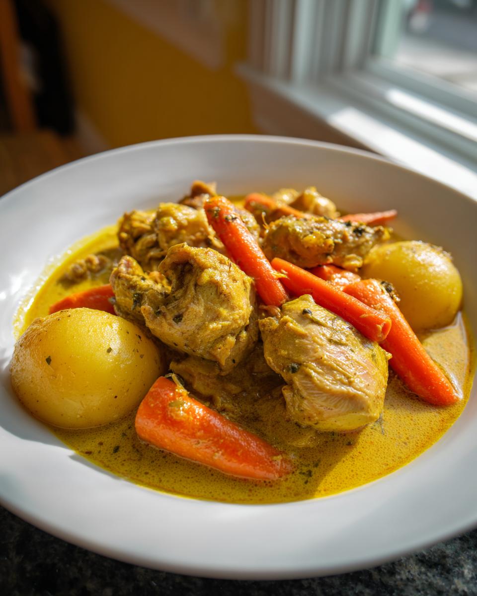 Close-up of a white bowl filled with rich, yellow Jamaican curry chicken, bright orange carrots, and whole potatoes.
