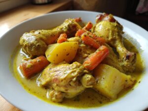 Close-up of Jamaican curry chicken pieces served with chunks of potato and bright orange carrots in a rich yellow sauce.