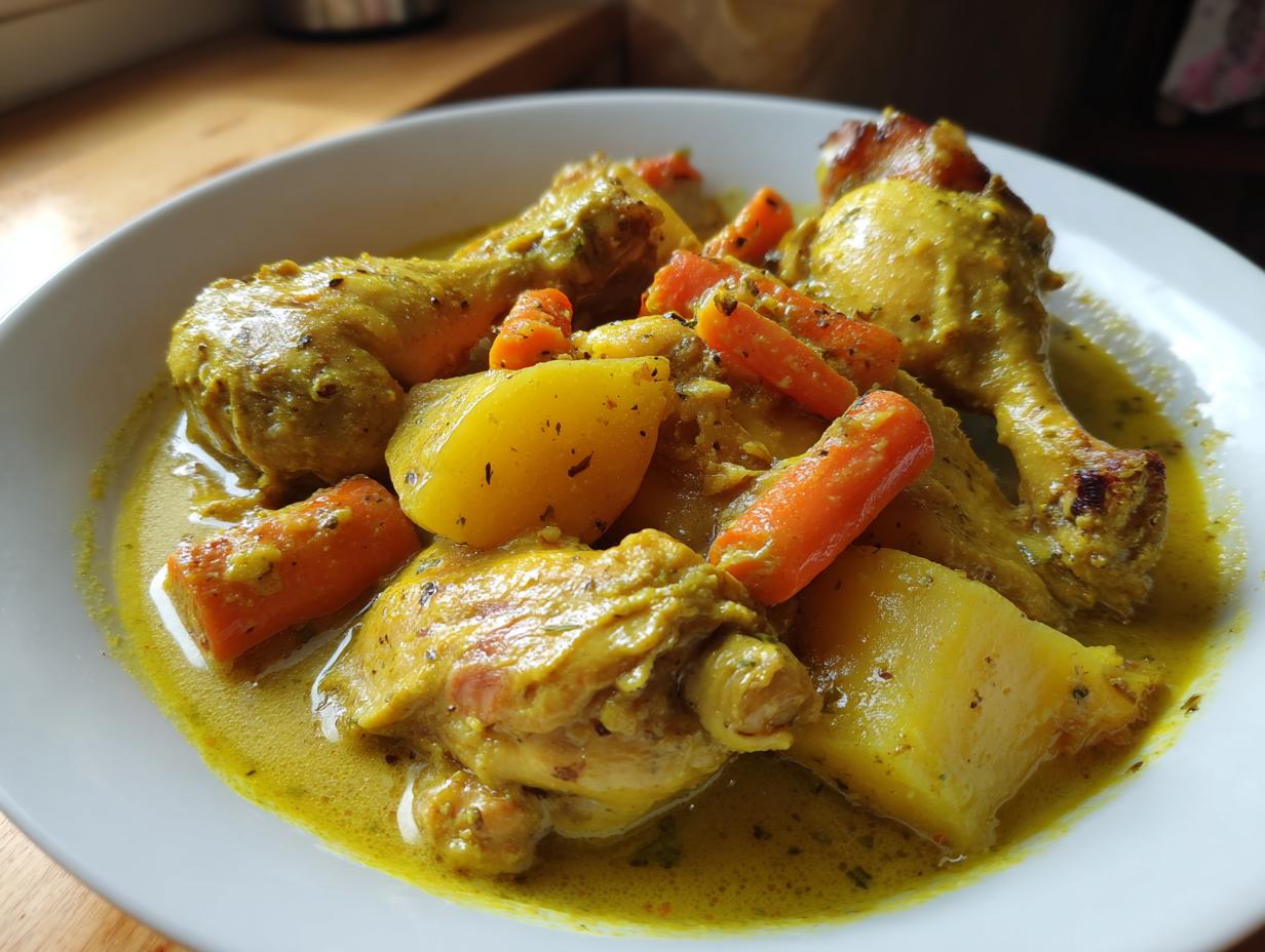 Close-up of Jamaican curry chicken pieces served with chunks of potato and bright orange carrots in a rich yellow sauce.