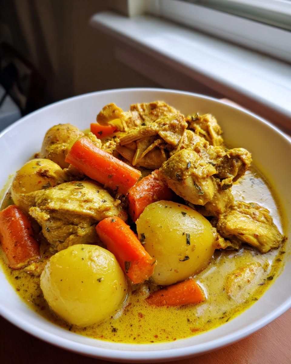 A white bowl filled with rich, yellow Jamaican curry chicken pieces, whole potatoes, and chunks of bright orange carrots.