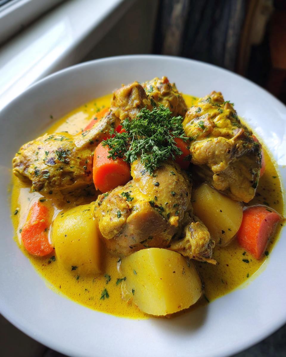 Close-up of flavorful Jamaican curry chicken pieces served with large chunks of potato and carrot in a rich yellow curry sauce.