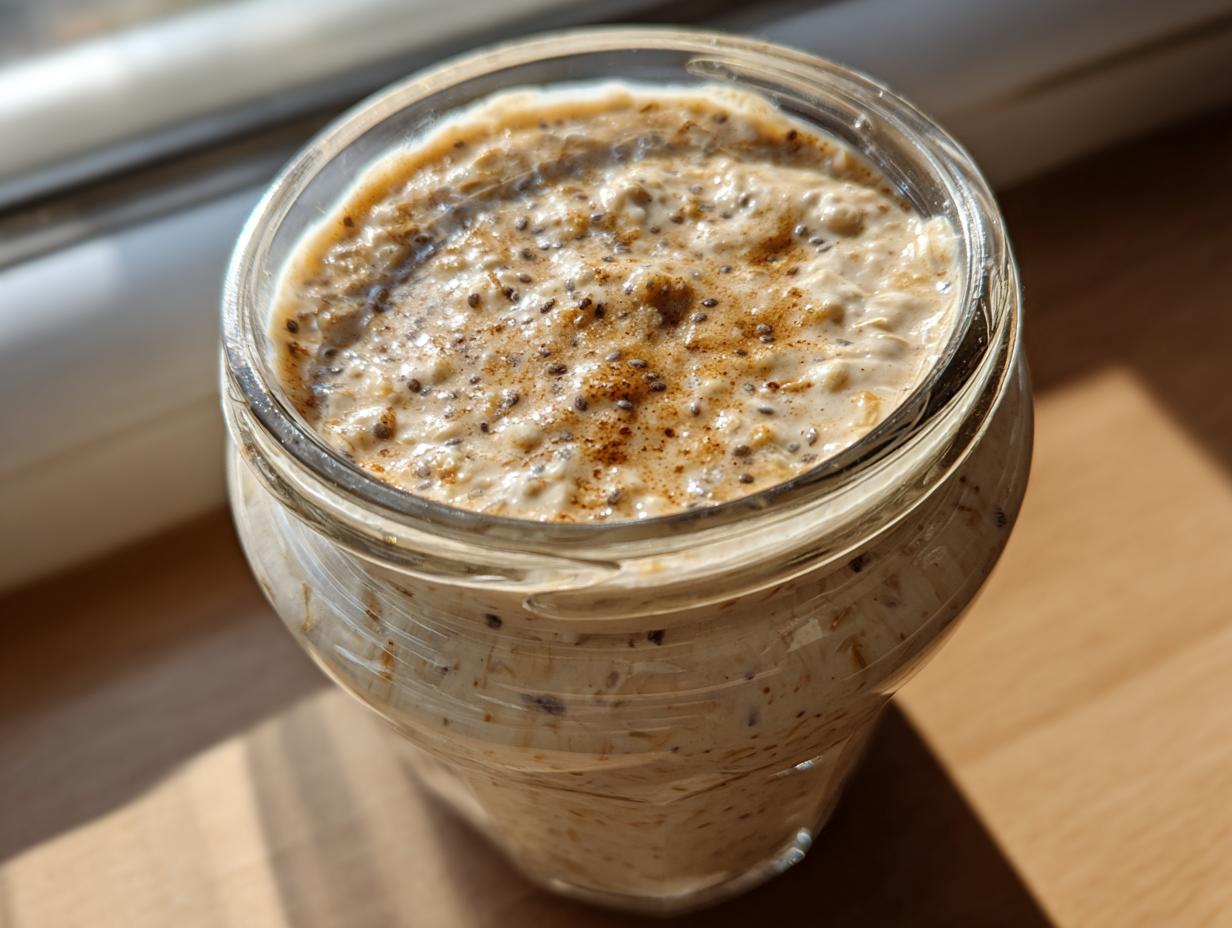 Close-up overhead view of creamy overnight oats in a glass jar, topped with chia seeds and cinnamon.