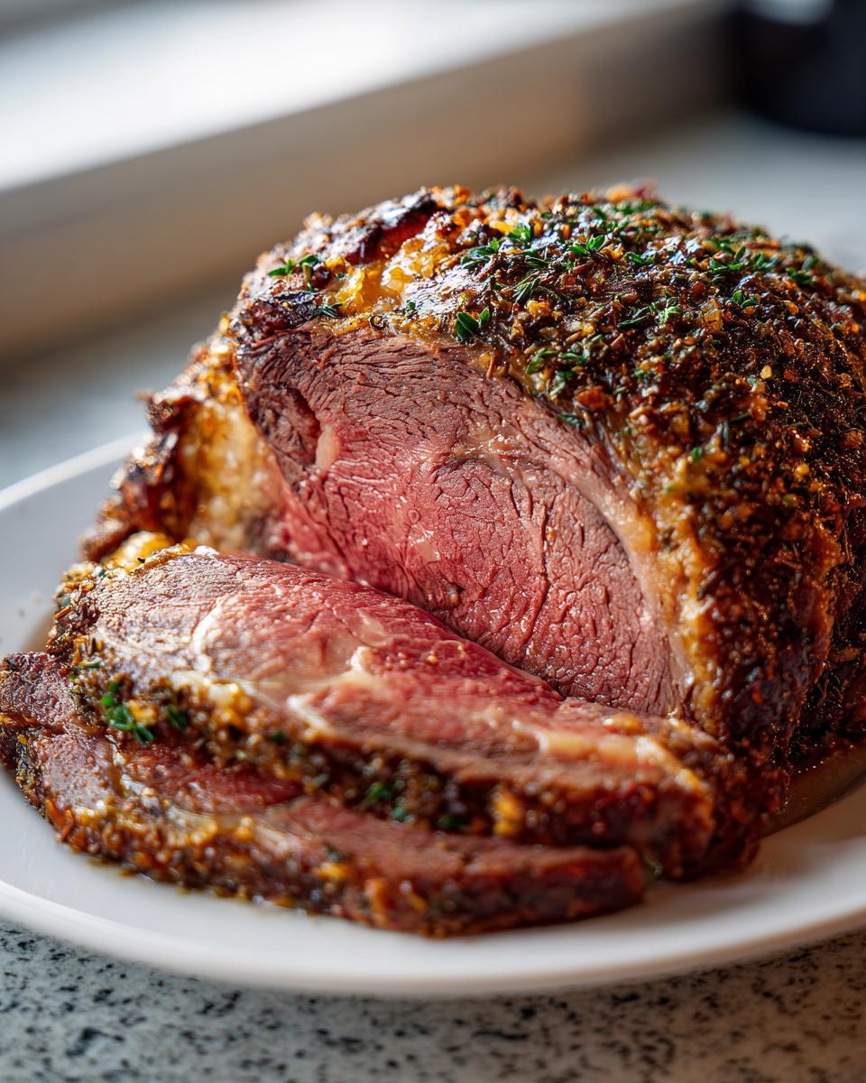 Close-up of a perfectly cooked, medium-rare rib roast with a seasoned crust, partially sliced on a white plate.