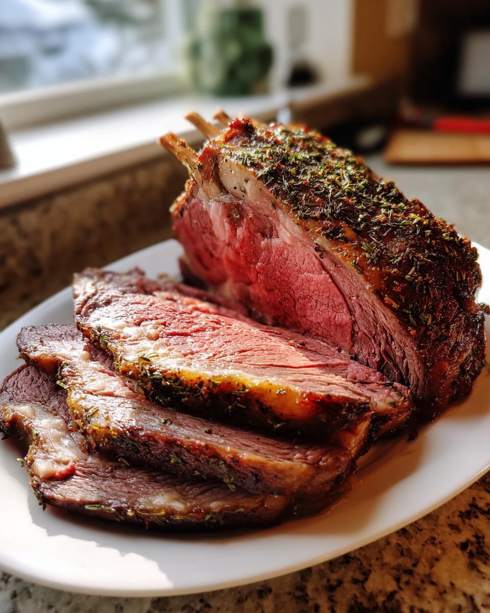 A beautifully cooked, medium-rare rib roast, partially sliced, showing a seasoned herb crust.