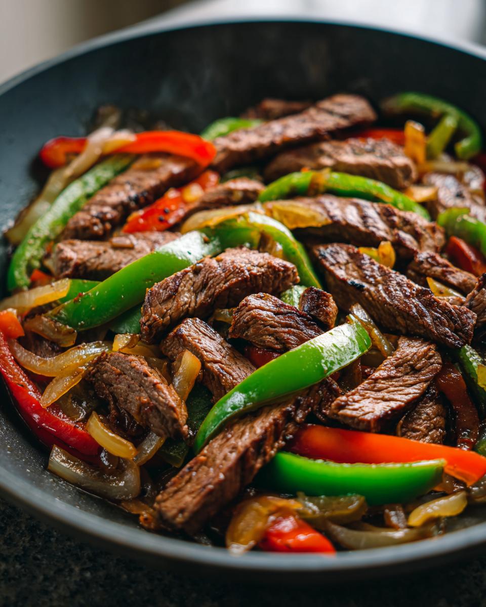 Close-up of perfectly cooked steak fajitas with sliced green peppers, red peppers, and onions sizzling in a dark skillet.
