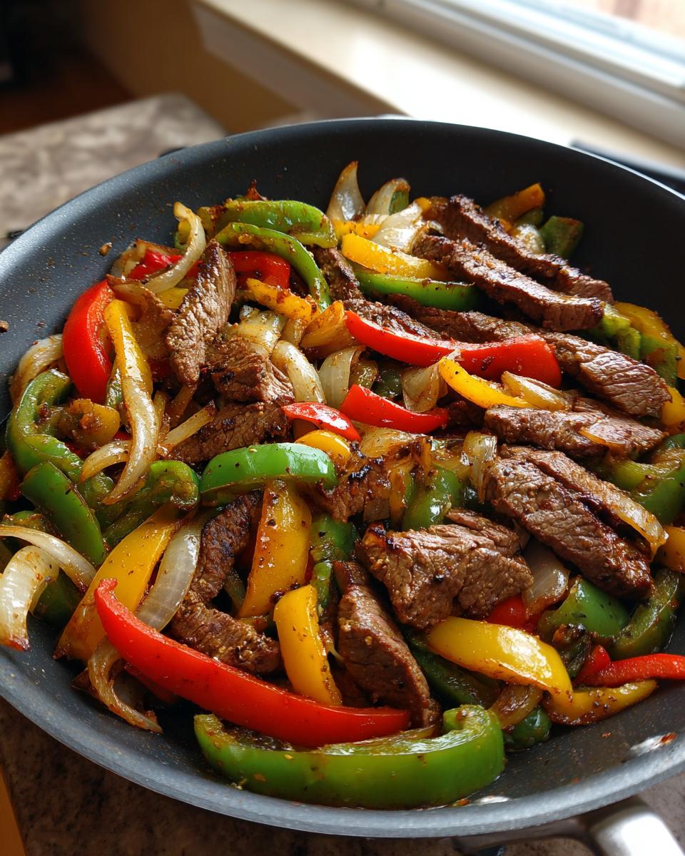 Close-up of sizzling steak fajitas with colorful bell peppers and onions cooking in a black skillet.