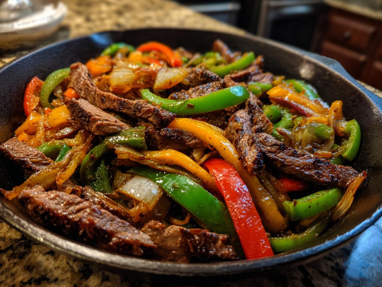 Close-up of sizzling steak fajitas with colorful bell peppers and onions in a black cast iron skillet.