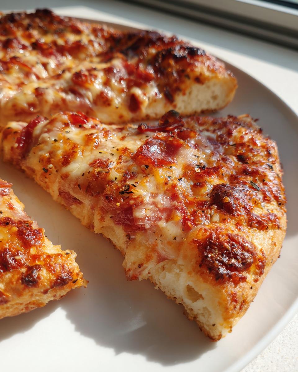 A close-up of a thick slice of pepperoni pizza showing the fluffy texture of the keto pizza crust.