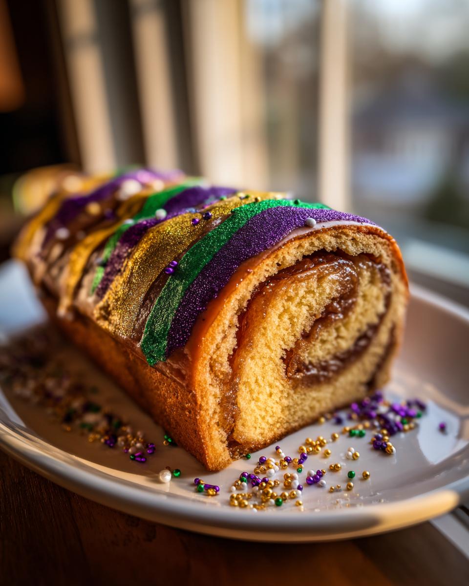 A close-up of a slice of rich, rolled King Cake featuring purple, green, and gold sugary icing stripes and filling.