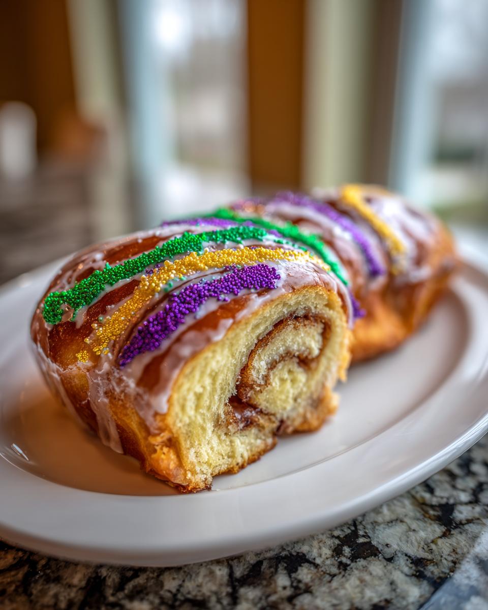 A cross-section slice of a delicious King Cake showing cinnamon swirl filling, topped with white icing and purple, green, and gold sprinkles.