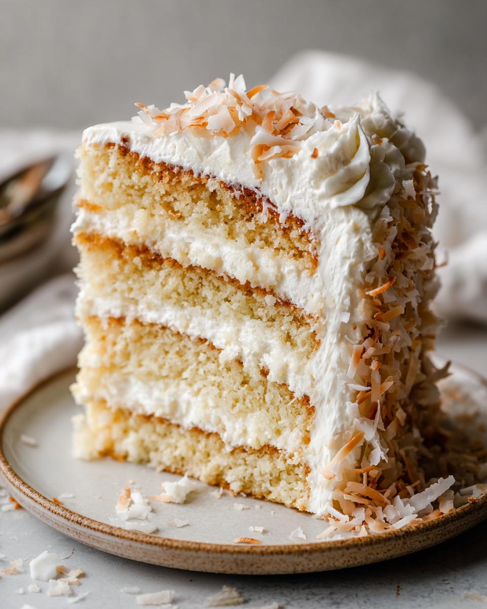 A tall, moist slice of layered coconut cake with white frosting and toasted coconut flakes on top.