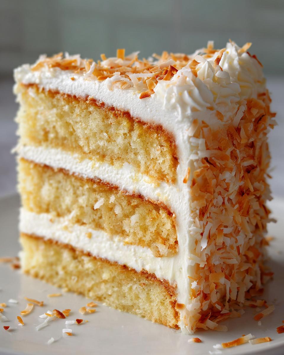 Close-up of a perfect slice of layered coconut cake with white frosting and toasted coconut flakes.