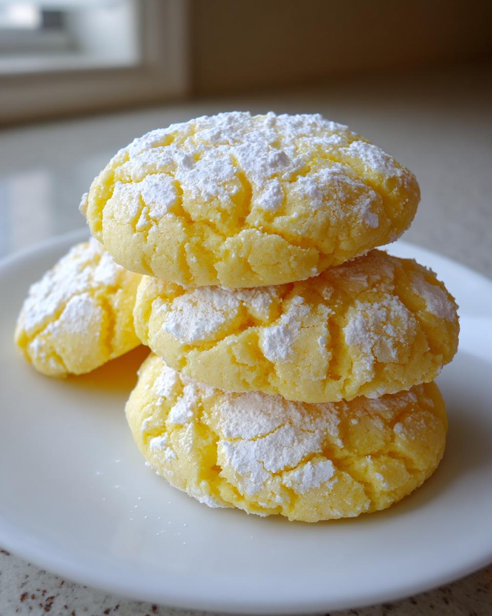 A stack of three bright yellow lemon crinkle cookies generously dusted with white powdered sugar on a white plate.