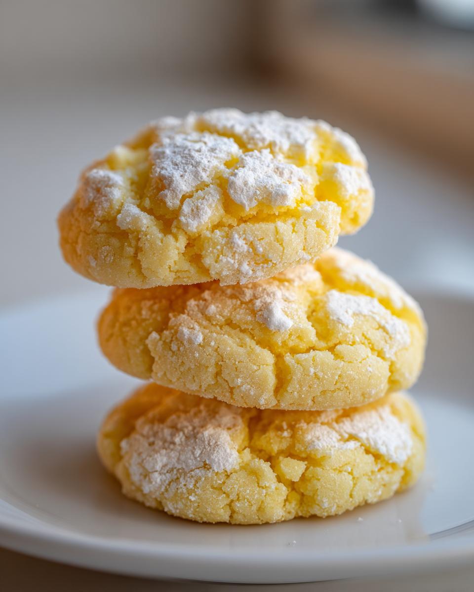 Three bright yellow lemon crinkle cookies stacked on a white plate, dusted heavily with powdered sugar.