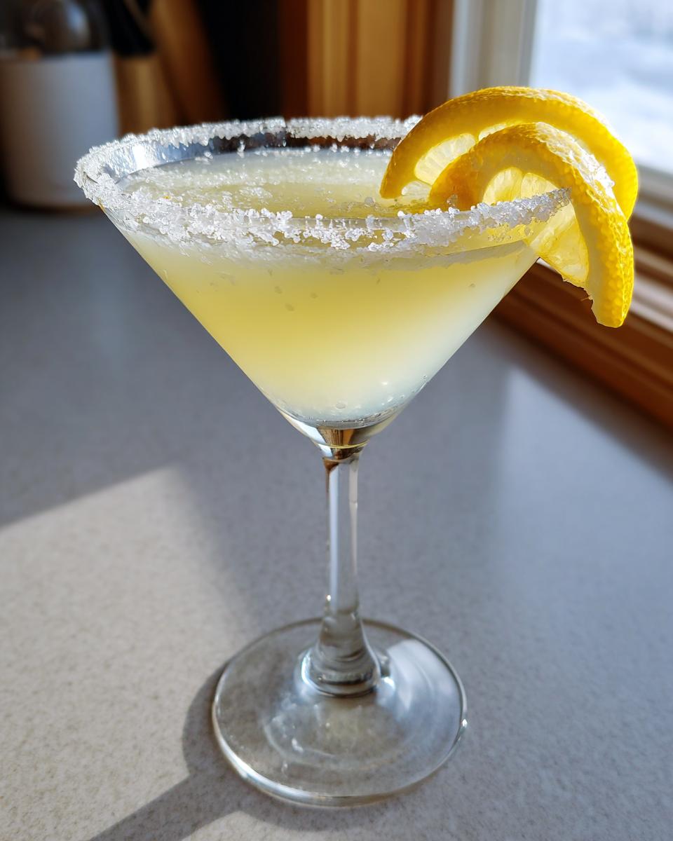 A bright yellow lemon drop cocktail served in a martini glass with a sugar rim and lemon twist garnish.
