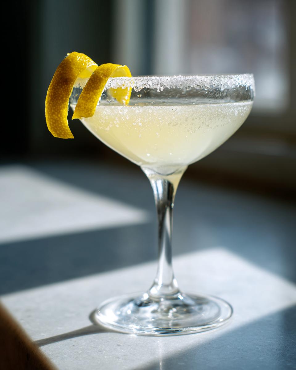 A chilled Lemon Drop cocktail in a sugar-rimmed coupe glass, garnished with a long lemon peel twist.