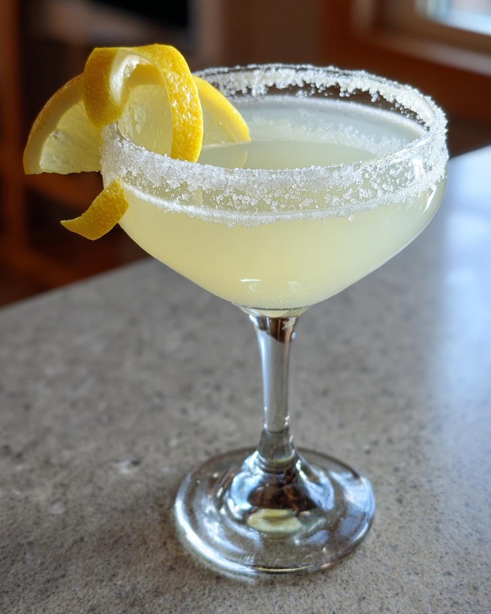 A bright yellow lemon drop cocktail served in a coupe glass with a thick sugar rim and lemon twist garnish.