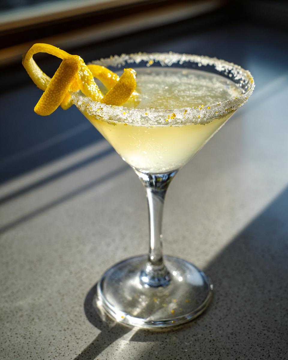 A bright yellow lemon drop cocktail served in a sugar-rimmed martini glass with a lemon peel garnish.