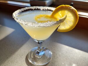 A bright yellow lemon drop cocktail in a martini glass with a heavily sugared rim and lemon slice garnish.