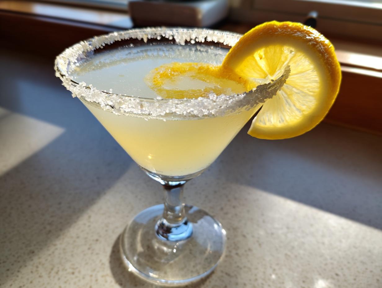 A bright yellow lemon drop cocktail in a martini glass with a heavily sugared rim and lemon slice garnish.