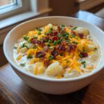 Close-up of a creamy potato soup recipe topped generously with shredded cheddar cheese, bacon bits, and fresh chives.