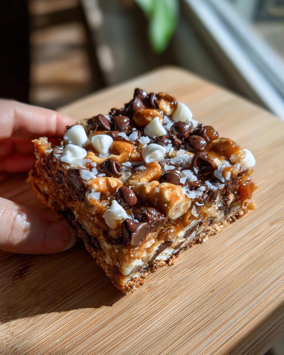 A hand holds a thick, gooey square of magic cookie bars topped with chocolate chips, white chips, and coconut.