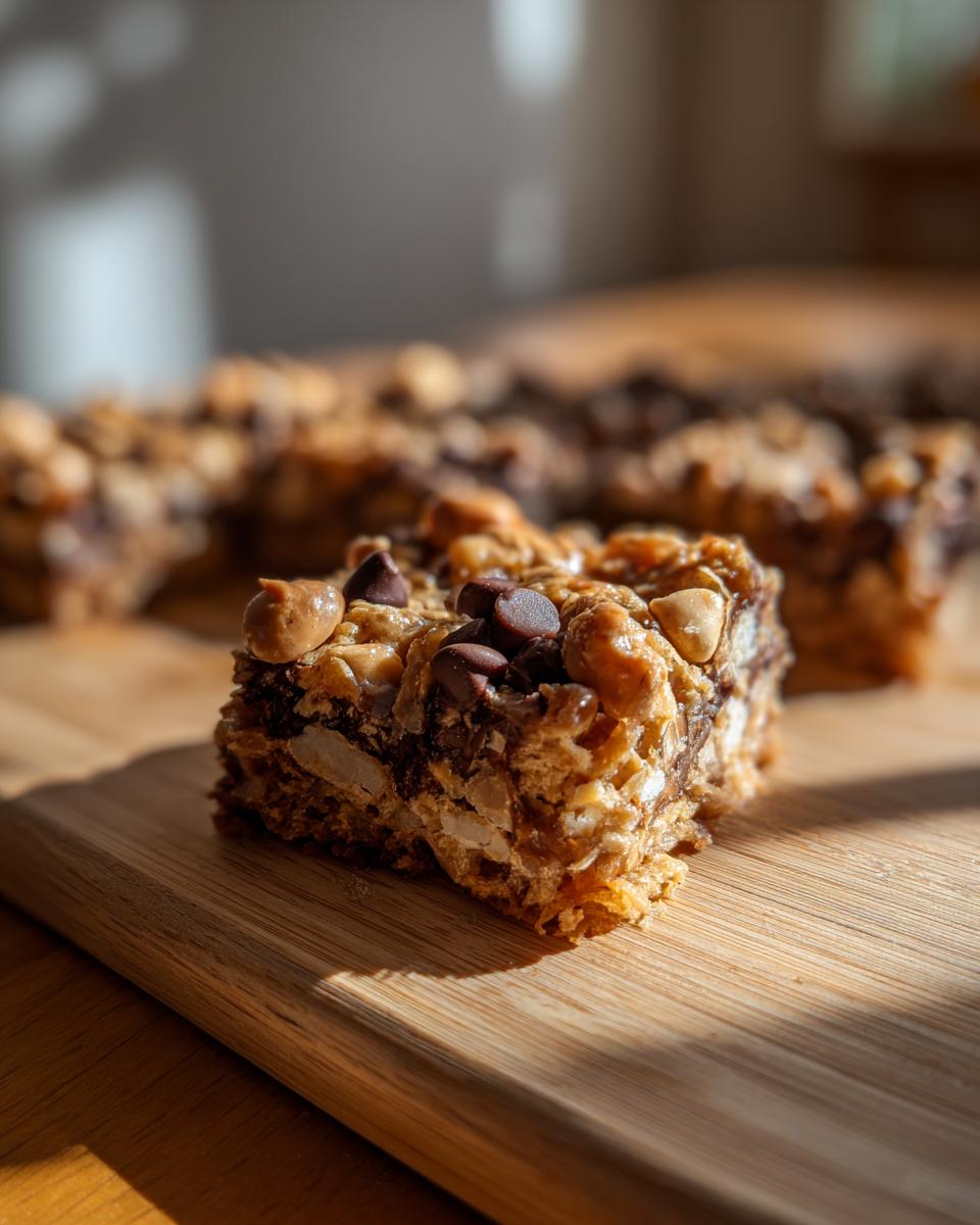 A single square of layered magic cookie bars topped with chocolate chips and peanuts, sitting on a wooden board.