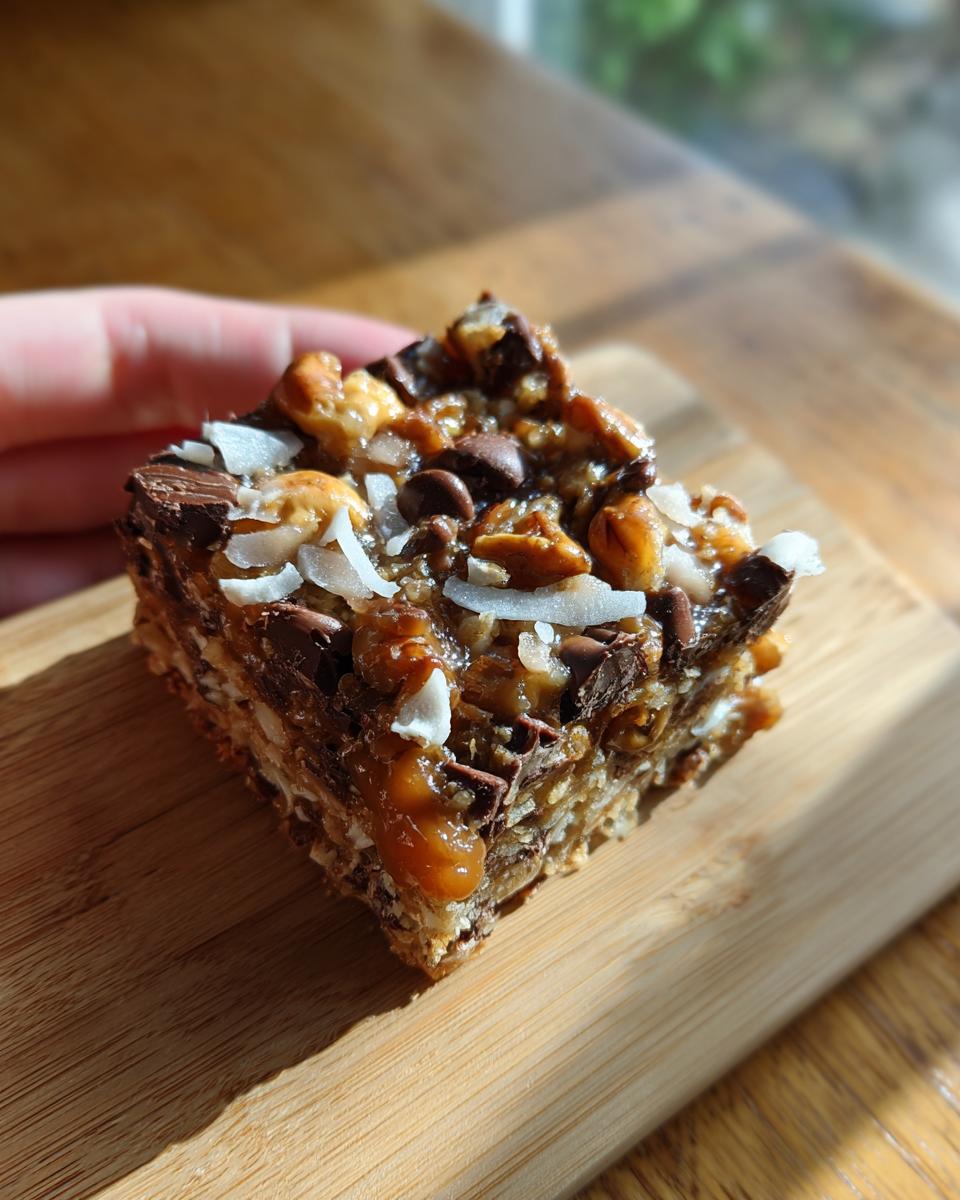 A close-up view of a single square of rich, gooey magic cookie bars topped with coconut, nuts, and chocolate chips.