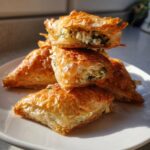 A stack of golden, flaky Mediterranean Spinach and Feta Cheese Crisps on a white plate, showing the cheesy filling.