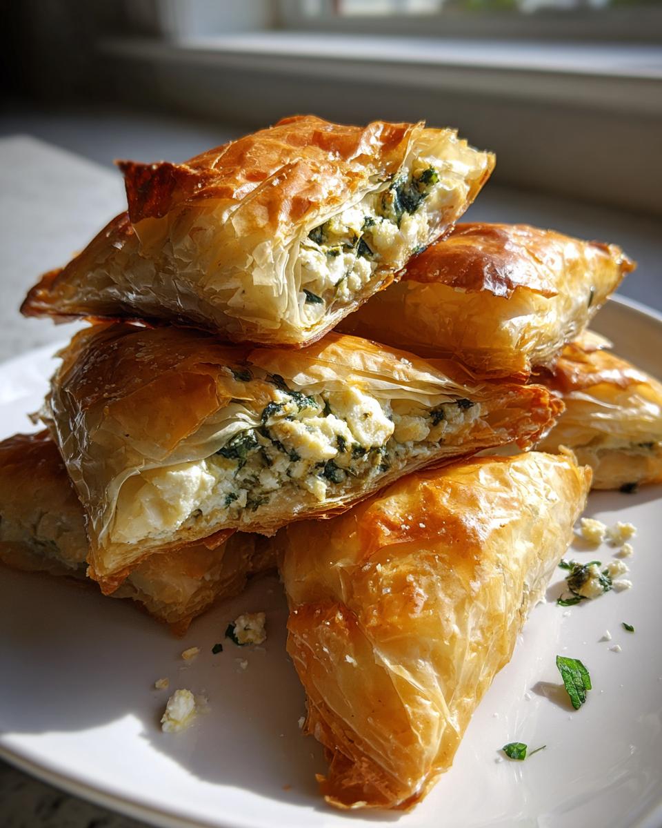 Stack of golden, flaky Mediterranean Spinach and Feta Cheese Crisps cut in half to show the filling.