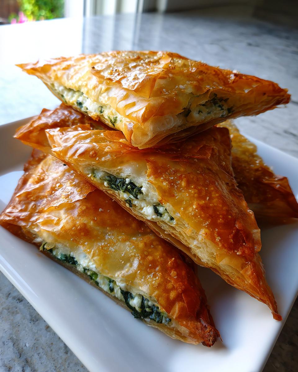 A stack of golden brown, flaky Mediterranean Spinach and Feta Cheese Crisps on a white plate.