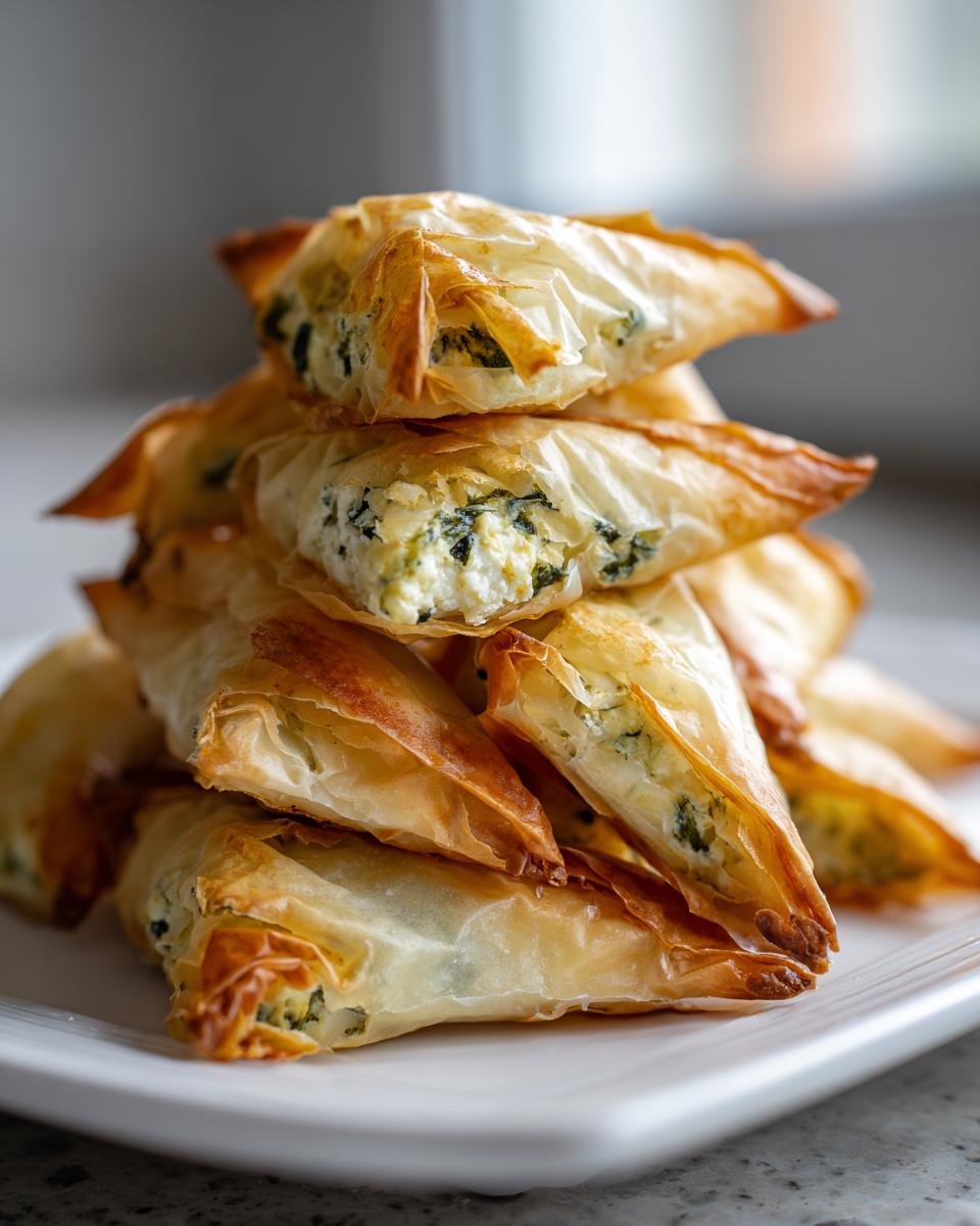 A stack of golden, crispy Mediterranean Spinach and Feta Cheese Crisps on a white plate.