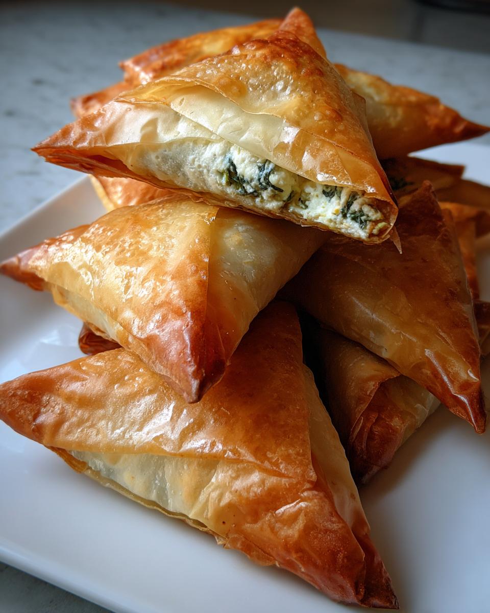 A stack of golden-brown, flaky Mediterranean Spinach and Feta Cheese Crisps, with one piece cut open showing the filling.
