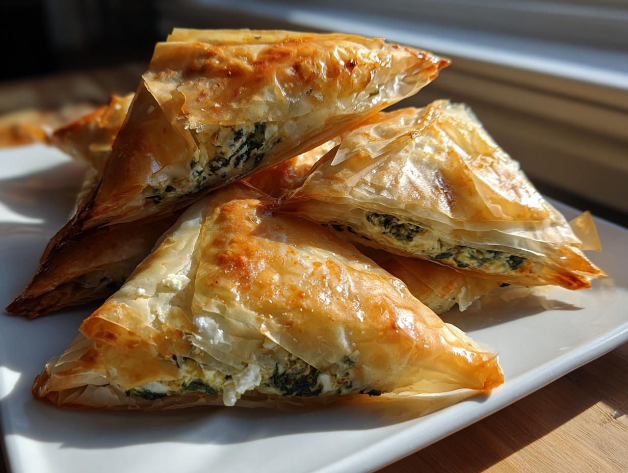 A stack of golden, flaky Mediterranean Spinach and Feta Cheese Crisps triangles on a white plate.