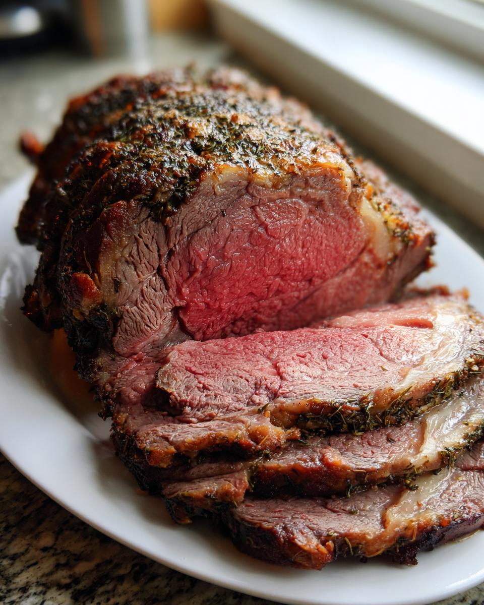 Close-up of a perfectly cooked, herb-crusted rib roast, sliced to show a beautiful medium-rare interior.